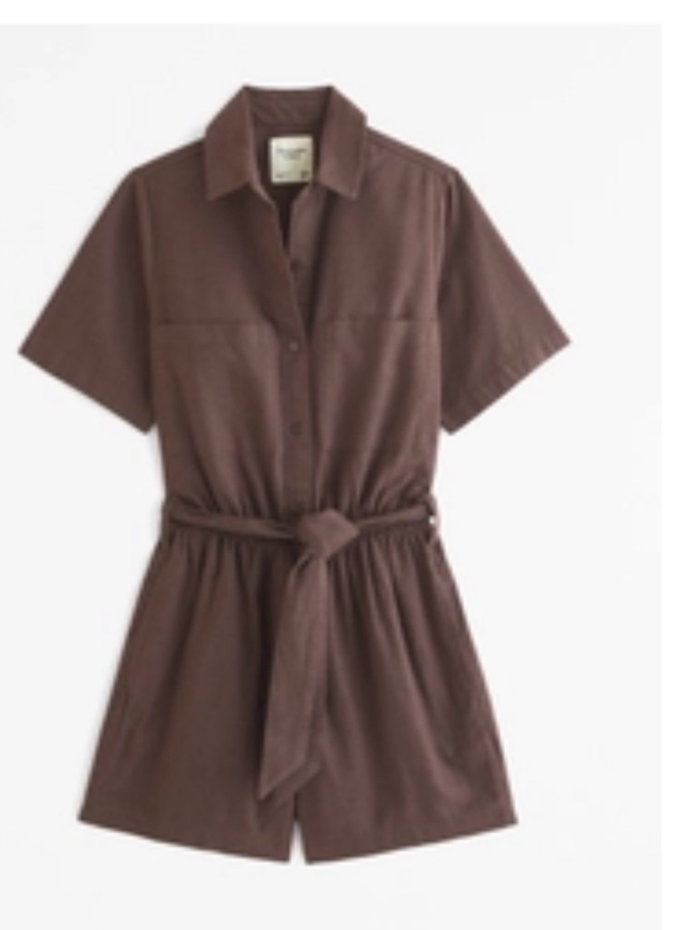 Abercrombie & Fitch Brown Short-Sleeve Linen-Blend Utility Romper with Waist Tie